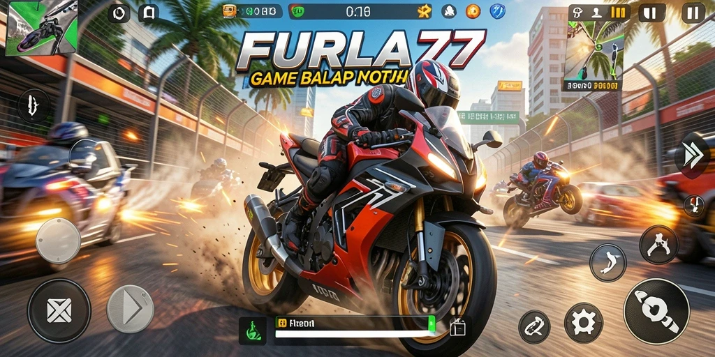Tampilan gameplay FURLA77 dengan balapan motor yang intens dan aksi seru.