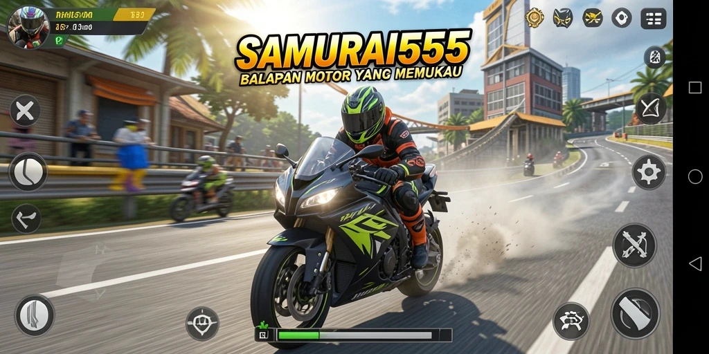 Screenshot gameplay SAMURAI555 menampilkan balapan motor yang seru dan mendebarkan.